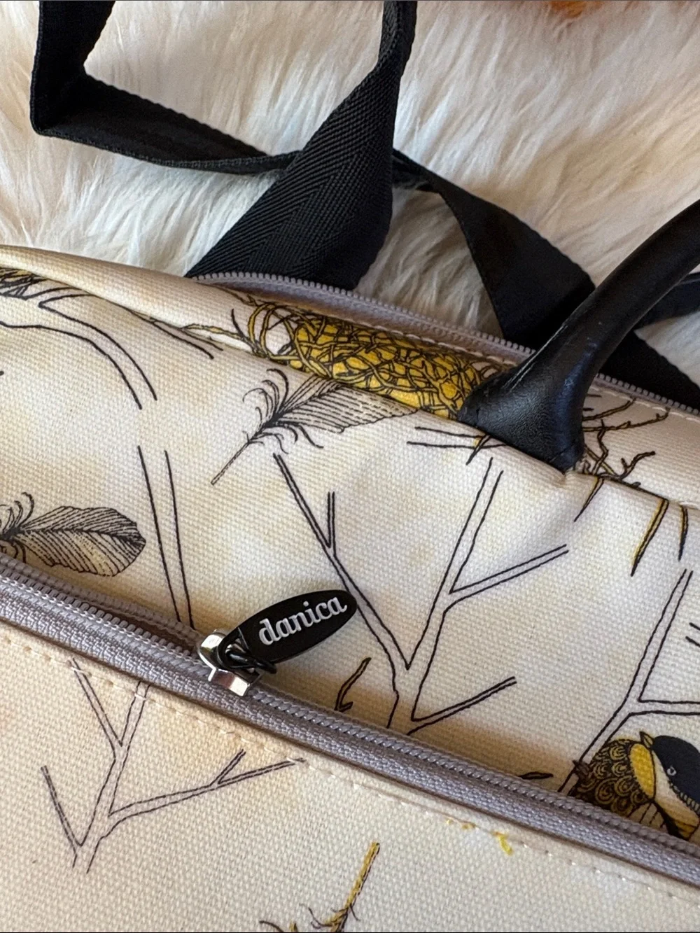 Danica Studios Canvas Bird-Print Laptop Bag in Cream and Mustard